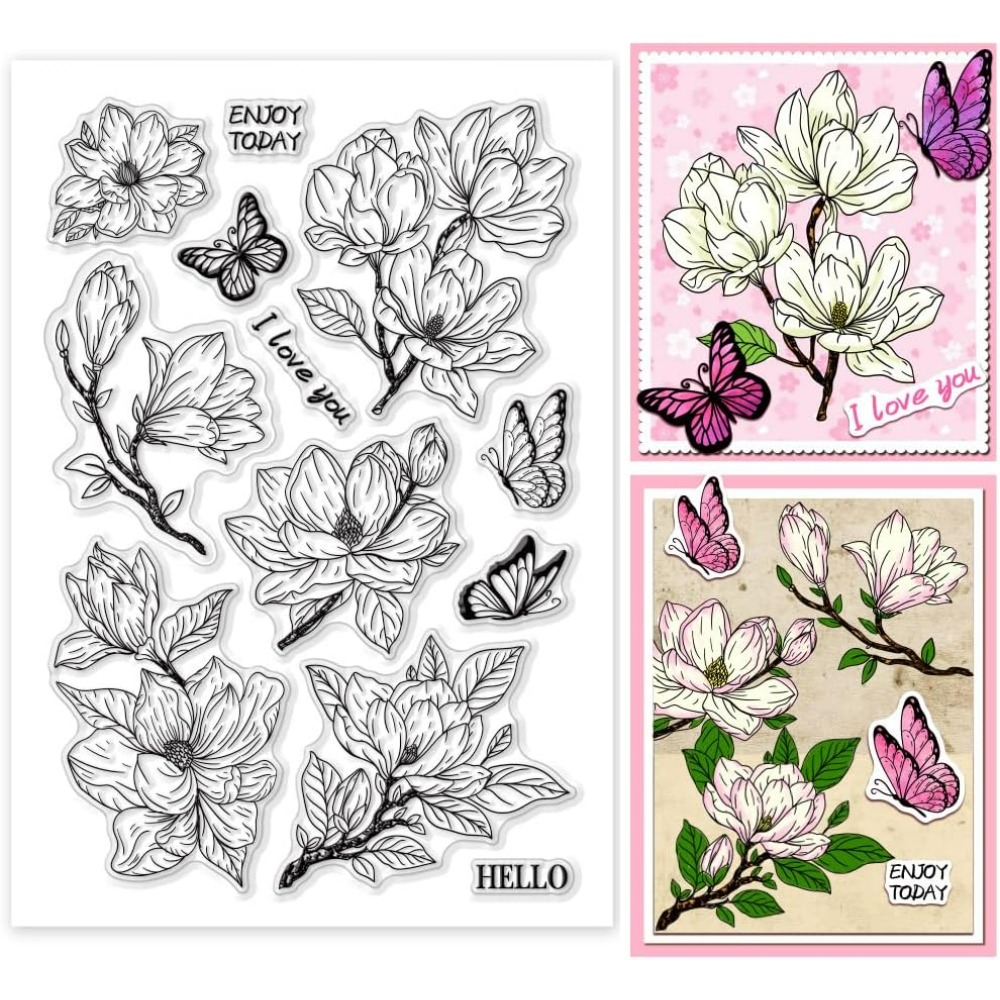 Butterfly Rubber Sheet - Magnolienblume, transparenter Stempel, Blumen, Silikonstempel, Schmetterling,